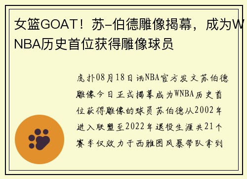 女篮GOAT！苏-伯德雕像揭幕，成为WNBA历史首位获得雕像球员